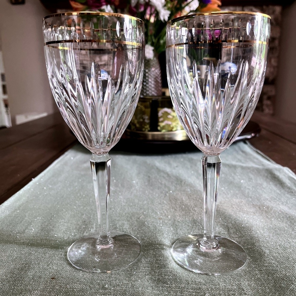 Lenox Ambassador 8" Wine Lead Crystal Glasses Gold Trim~Set Of 2